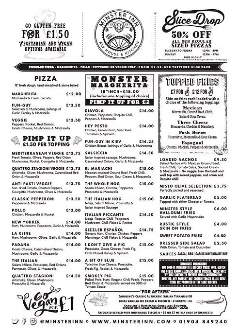 Minster Inn pizza menu